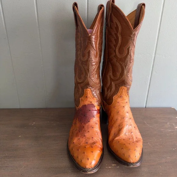 Vintage 90s Tony Lama Mens 8.5D Ostrich Cognac Leather Western Cowboy Boots Tony Lama Full Quill Ostrich Cowboy Boots R12903L – Brown  main image 2